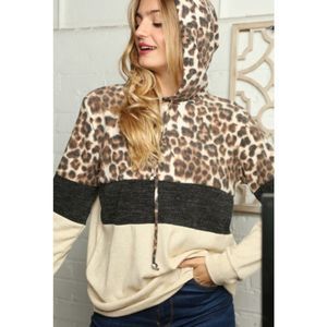 Cream Animal Print Color Block Hoodie Top